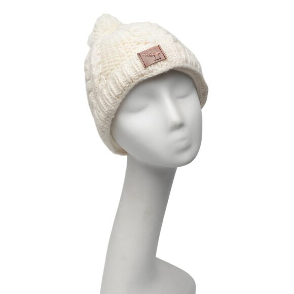 Cable Knit Winter Hat Toque & Mittens Pom Cream Leather Elk Deer Antler Patch - Picture 2 of 10
